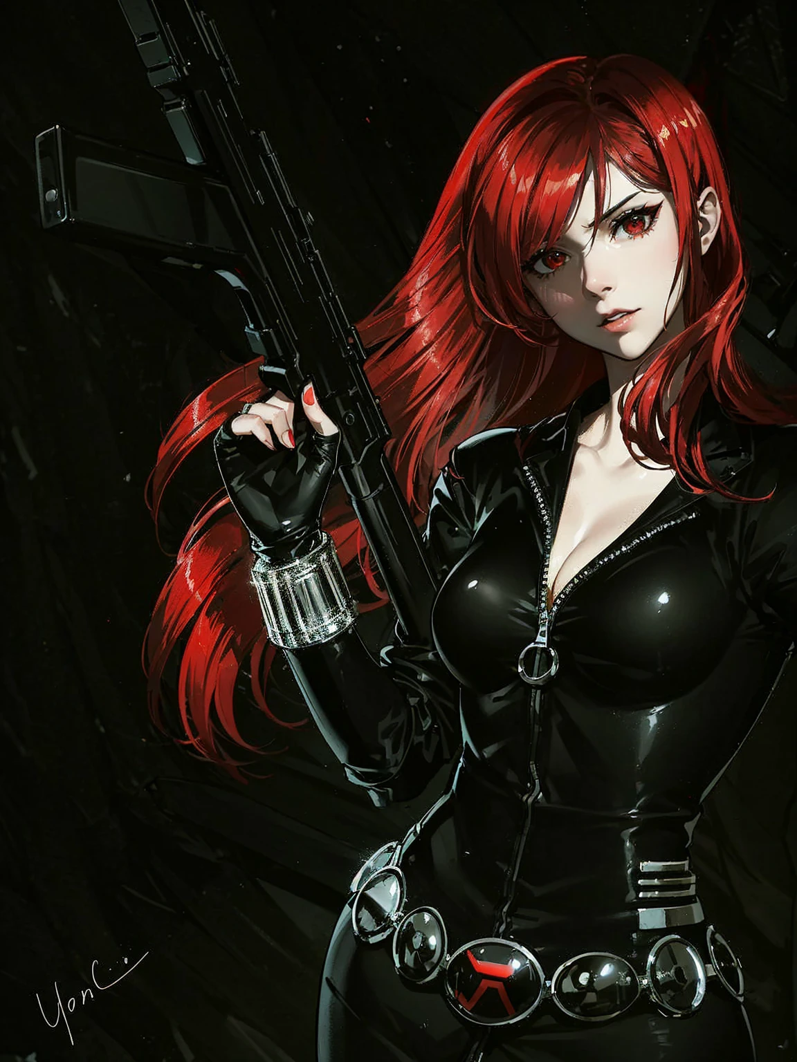 The image features a girl known as Black Widow with red, shoulder-length hair, and dressed in a sleek skin-tight shiny black latex bodysuit with a deep-cut zipper neckline revealing a large chest, the silver zipper running down the front. The suit is complemented by her golden wrist guard on both wrists and a black silver belt made of shiny black circles with a red "black widow" symbol buckle. She handles an AK-47 rifle with her right hand, one on top of the other. She appears with a cute smile on her face. She is set against a dark, black background, which contrasts her appearance and emphasizes her figure. From her intense gaze and serious expression, she appears confident, powerful, and ready for action.