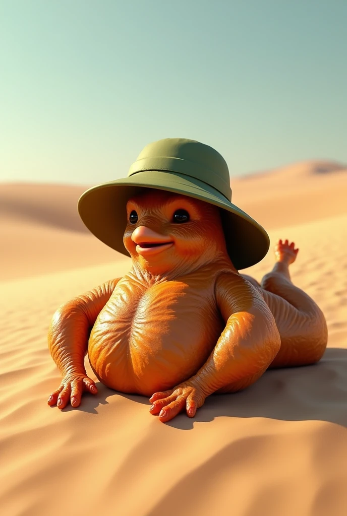 A death Roast chicken, wearing a olive green safari bucket hat, lying on a dune without water for sunbathe