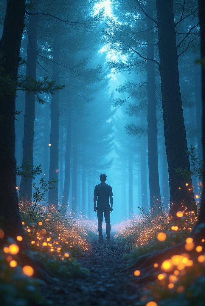 Charlie steps into the forest, where the trees are bathed in an otherworldly glow. The flowers around him seem to glow softly, and the air sparkles with tiny particles of magic.
