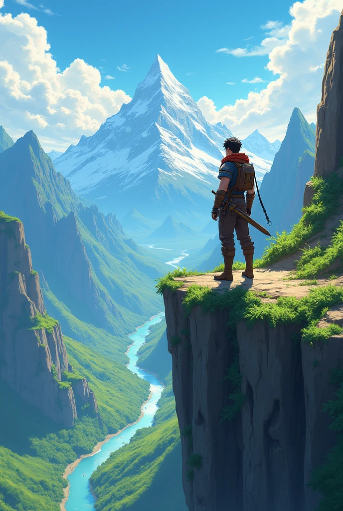 (anime, fantasy, adventurer), an adventurer arrived in the new land, standing on the edge of cliff