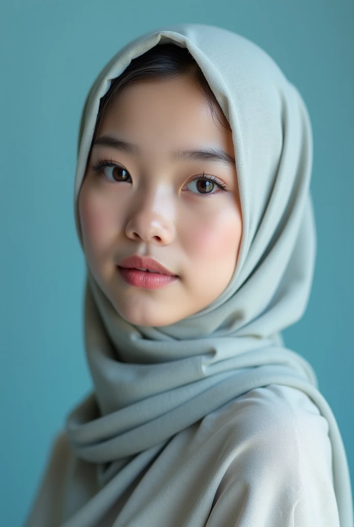 Half body portrait .Hijab girl in studio . Two light photography. Shoot by canon r1. Two soft light come from godox v1.. blue background. pink lips. flat nose. Broad forehead . Wear a split chin scarf for a round face. small eyes. long eyelashes. Pee clean