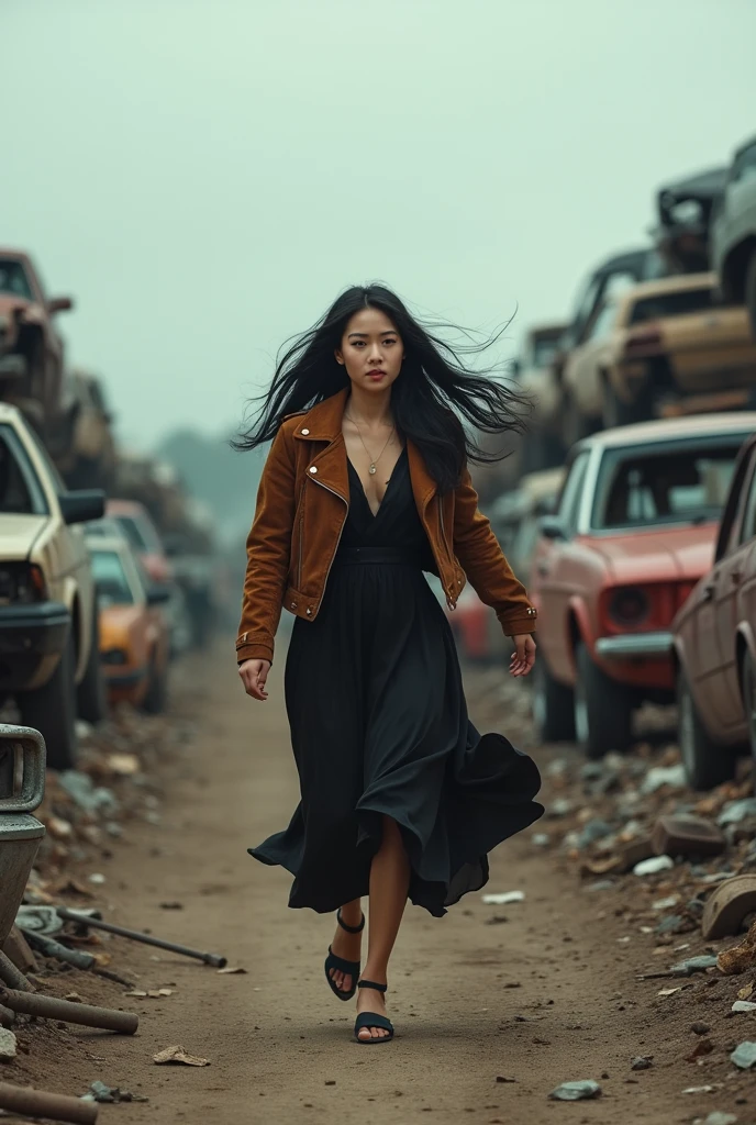(photorealism:1.2), A Asian woman, long wavy black hair, wearing jacket suede brown,wearing a long black dress, black sandals, is running in a dumping ground for used cars, there are piles of damaged cars, scrap, cloudy sky