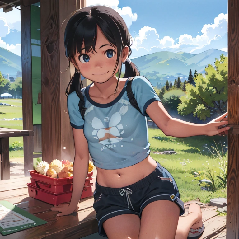 Mountains in the distance々、(campsite、camping)、Summer sun、((、several girls))、Big Eyes、Healthy girl、Strong sunlight、Summer sun、cumulonimbus、Blue sky、(Cute smile)、Slender、small breast、(cleavage)、cute and beauty girl、Clear skin、(Tank top and mini skirt)、(Her belly button is visible)、Detailed face、Detailed Hair、detail eyes, looking at viewer、hair ornaments、Next to the tent、sitting side by side on the cot、White teeth、(Cheek to cheek)、legs up