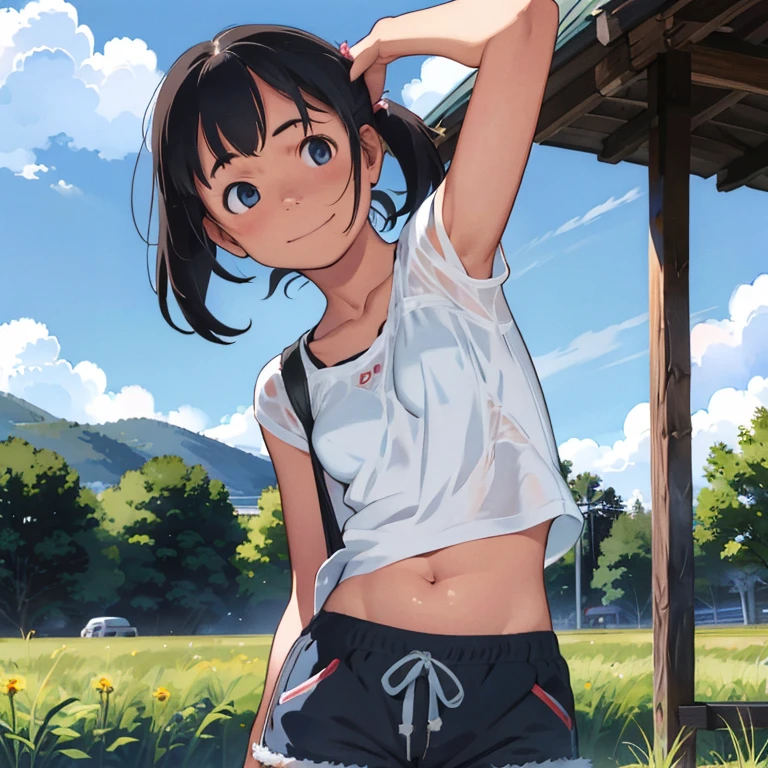 Mountains in the distance々、(grassland、campsite、camping)、Cute Swimsuit、Summer sun、(、２People Girl)、Big Eyes、Healthy girl、Strong sunlight、Summer sun、cumulonimbus、Blue sky、(Cute smile)、Slender、small breast、cleavage、cute and beauty giel、Clear skin、(T-shirt, shorts)、Her belly button is visible、Detailed face、Detailed Hair、detail eyes, (fullbody shot), looking at viewer、 (sholder bare), ponytail、hair ornaments
