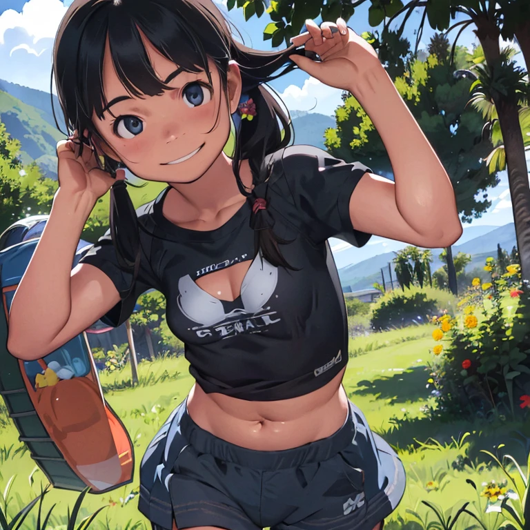 Mountains in the distance々、(grassland、campsite、camping)、Cute Swimsuit、Summer sun、(、２People Girl)、Big Eyes、Healthy girl、Strong sunlight、Summer sun、cumulonimbus、Blue sky、(Cute smile)、Slender、small breast、cleavage、cute and beauty giel、Clear skin、(T-shirt, shorts)、Her belly button is visible、Detailed face、Detailed Hair、detail eyes, (fullbody shot), looking at viewer、 (sholder bare), ponytail、hair ornaments
