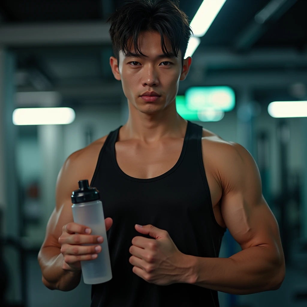 generate a master photograph describing a shapely Man, a casual, close-up shot of a fit, handsome male model in workout gear, (8K, best quality), smile, no beard,clean-shaven, smooth complexion, clear features, young-looking, brown hair, black hair, (hard chest, six pack, v cut), holding a water bottle and looking directly at the camera with a thoughtful expression. The background is a simple gym setting with subtle lighting, (He has sexy hard chest, Most sexy v-cut , Most sexy six pack), Manly, Mancore, (He has fit chest, sexy six pack, sexy v-cut, extremely sexy hips), (asian skin, glistening skin, beautiful complexion), shot on Fujifilm superia, (Studio soft light, high detail, cinematic lighting, rim lighting), Style: (hyperrealistic, by DynastySeries FashionNova, photo, {{{masterpiece photography}}}, analog photograph, professional fashion photoshoot, trending on artstation, synthwave, krrrsty), Quality: (photographed, masterpiece, highest resolution), Definition: (highres, sharp focus, 8k uhd, ultra photo-realistic resolution), Film: (80 mm, shot on portra 120, shot on Fujifilm), Resolution: (extremely detailed, (sharp focus:1.5), cinematic lighting, dramatic lighting, ultra photo-realistic), luxury: