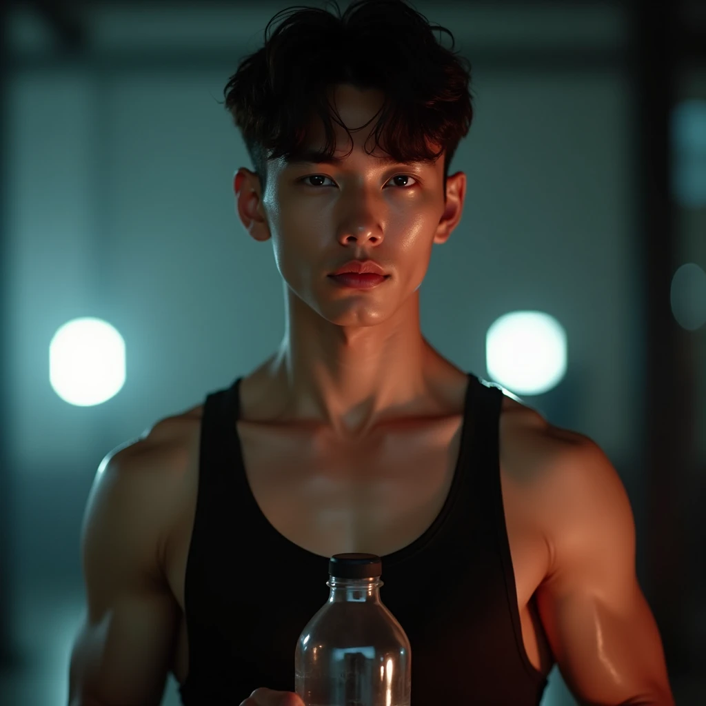 generate a master photograph describing a shapely Man, a casual, close-up shot of a fit, handsome male model in workout gear, (8K, best quality), smile, no beard,clean-shaven, smooth complexion, clear features, young-looking, brown hair, black hair, (hard chest, six pack, v cut), wear male tank top, holding a water bottle and looking directly at the camera with a thoughtful expression. The background is a simple gym setting with subtle lighting, (He has sexy hard chest, Most sexy v-cut , Most sexy six pack), Manly, Mancore, (He has fit chest, sexy six pack, sexy v-cut, extremely sexy hips), (asian skin, glistening skin, beautiful complexion), shot on Fujifilm superia, (Studio soft light, high detail, cinematic lighting, rim lighting), Style: (hyperrealistic, by DynastySeries FashionNova, photo, {{{masterpiece photography}}}, analog photograph, professional fashion photoshoot, trending on artstation, synthwave, krrrsty), Quality: (photographed, masterpiece, highest resolution), Definition: (highres, sharp focus, 8k uhd, ultra photo-realistic resolution), Film: (80 mm, shot on portra 120, shot on Fujifilm), Resolution: (extremely detailed, (sharp focus:1.5), cinematic lighting, dramatic lighting, ultra photo-realistic), luxury:    