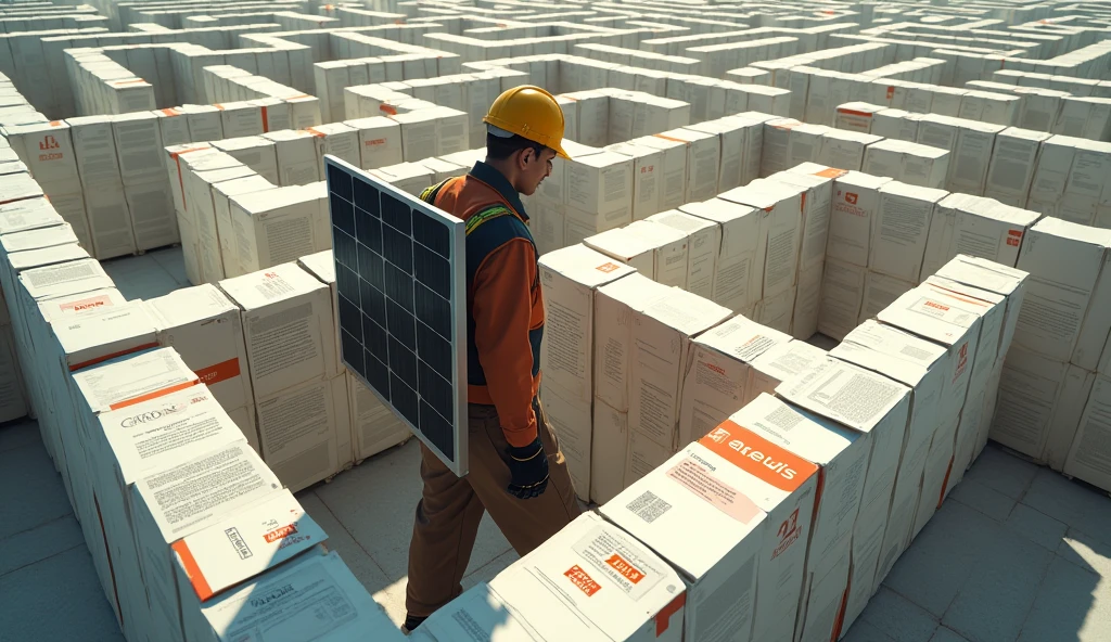 (Level4), Un labyrinthe avec des murs faits de formulaires CONSUEL et de documents ENEDIS. L'installateur, portant un panneau solaire qui dépasse de son dos, essaie de naviguer à travers ce labyrinthe. 