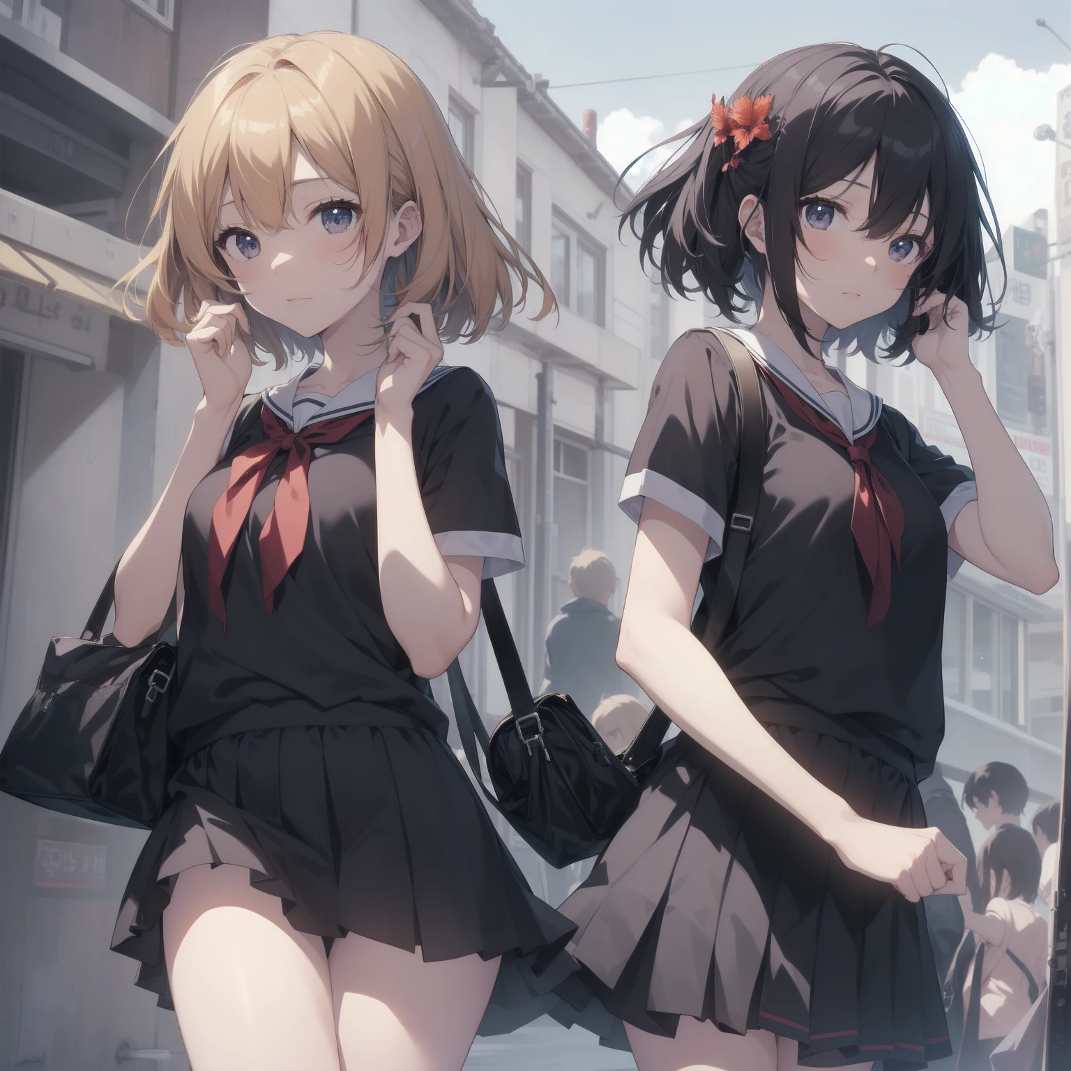 ultra-absurdres-Top quality by artist God, ultra-detailed, high resolution, anime moe artstyle, best anime 8k konachan wallpaper, pixiv contest winner, pool:2810, perfect anatomy,break, 1girl, (Please draw a girl walking sleepily to school alone. )break,(Solo,little female,:1.3),Full limbs, ,a junior high school student, (very short hair), short cut, flat chest, , small butt, small black eyes, beautiful detailed eyes, well-proportioned iris and pupils, expressive eyes, highres detailed hair, soft expression, salor school_uniform, sailor collar, serahuku, bow, pleated skirt,(Detailed Lighting), (Detailed background), in the School commute route. break,super detailed skin, Best cinematic lighting powered by famous artist, 8k,beauty illustration,photoshop_(medium),very aesthetic,break,((artist:echo_(circa) )), artist:clamp ,artist:carnelian ,artist:kantoku ,