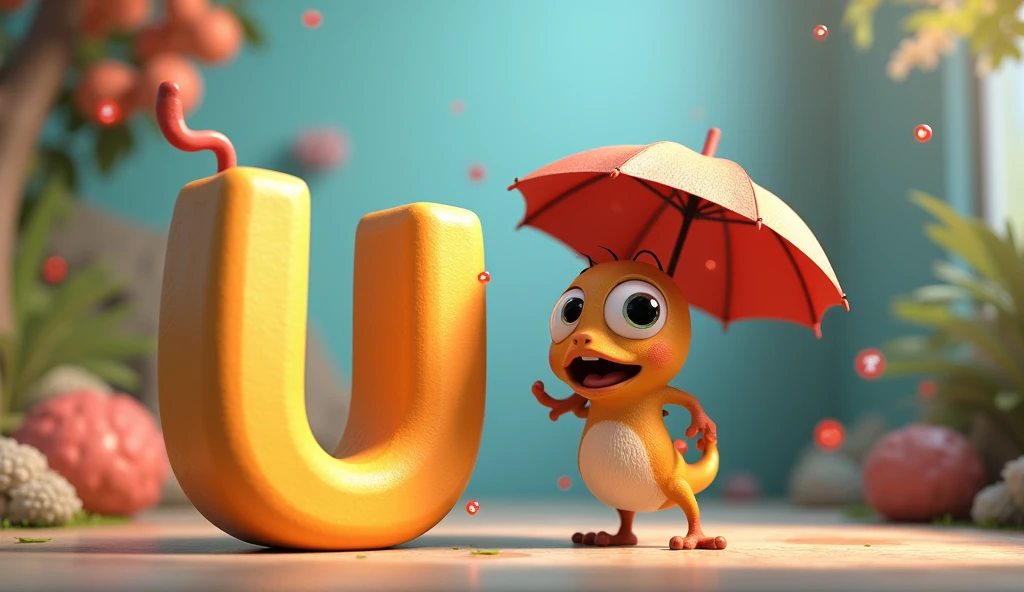 Create an animated image for alphabet U and an talking umbrella with animation 3D