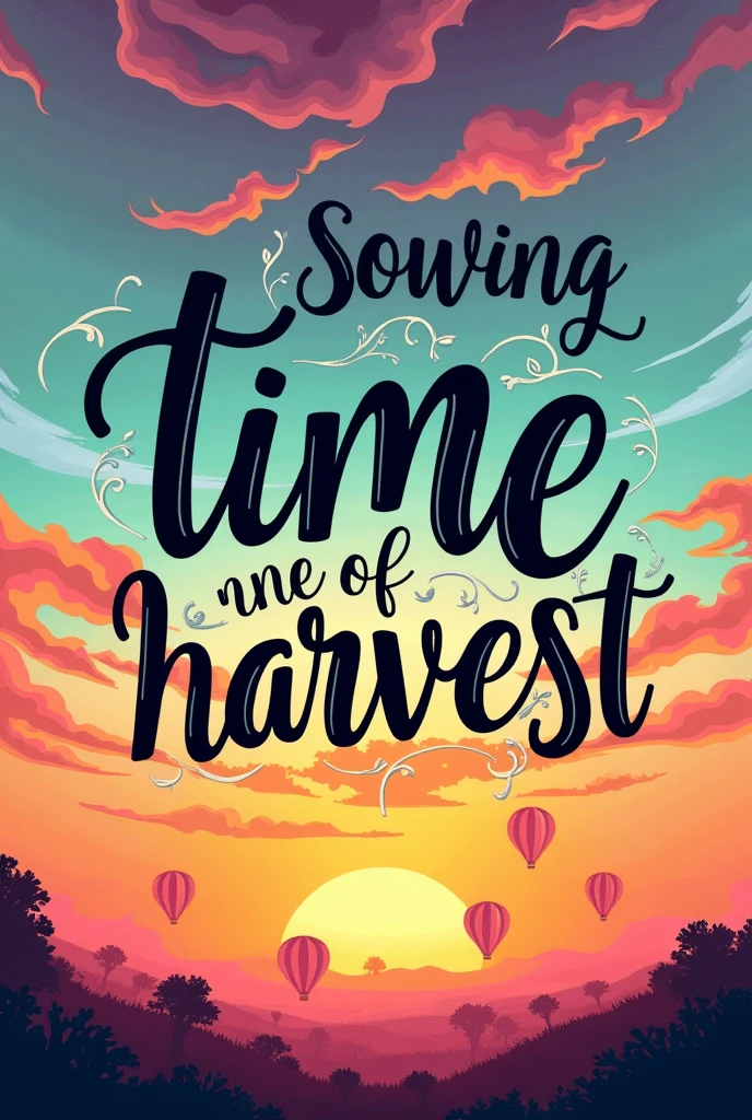 Create a lettering image with the phrase: "Sowing Time, not of Harvest" in Spanish with a vertical format and an illustrative vintage artistic style. With a fuchsia color combination, turquoise, orange and purple gradient. The edge of the letters should be with very thin black lines and white highlights.. At the bottom of the sentence there must be a summer sunset. With hot air balloons in the sky.


