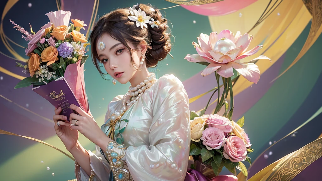 32K, 最高quality, 最高masterpiece, (ultra-Detailed Background, Detailed Background), High resolution, Super detailed, Very detailedな, 1 personの, (bouquet:1.3), (Tangled:1.2), (Geometric:1.2),(colorful),(masterpiece, quality, best quality, Official Art, Beautiful and beautiful:1.2), (1 person:1.3), Very detailed,(colorful:1.1)(Flowers:1.3),Most detailed,(Tangled:1.2), whole body, (Abstract background:1.3), (Skin glows), (Many colors:1.4), ,(Earrings Pearl:1.5), Light green background, It's imaginative., Brunette Hair, Updo, Holding a book, Holding a pen, Satin shirt
