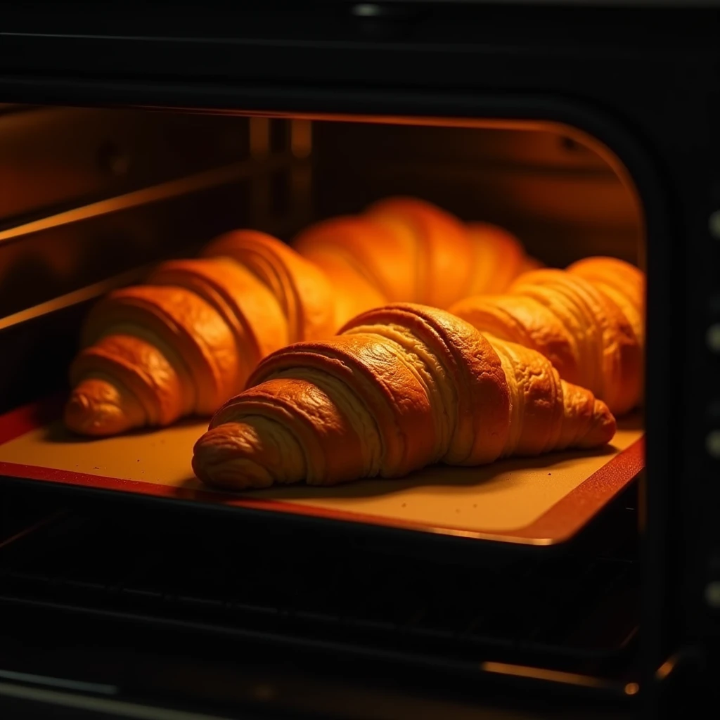"Croissants baking in a black modern oven with no items on top, orange lighting, no people present, focus on the oven, with the croissants rising on a silicone mat placed on an oven tray."