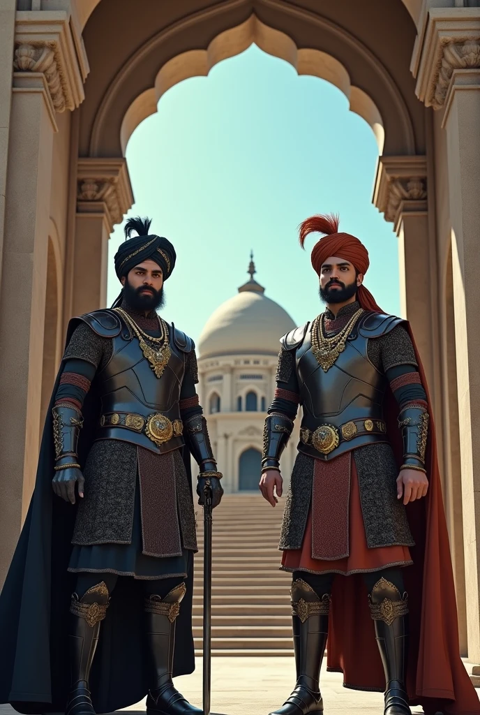 The image shows two men dressed in traditional Indian armor, standing in front of a stone archway. The man on the left is wearing a black suit of armor with gold accents and a turban on his head. He has a beard and mustache and is holding a sword in his right hand. He is also wearing an orange turban and has a serious expression on his face. The background shows a building with a blue sky and a staircase leading up to it. The image appears to be a still from a movie or TV 