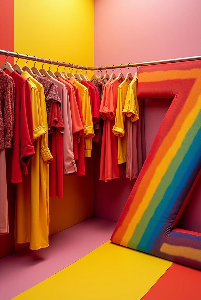 Many clothing item in red yellow orange black colour and in right side a Z in rainbow colour