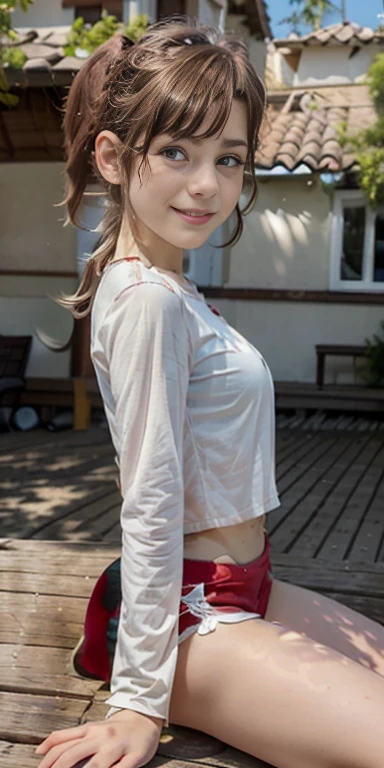 Photo of a 1 European girl, .RAW, beautiful woman, (Light brown hair with ponytail hairstyle ), Ponytail hairstyle ((portrait)), ((detailed face:1.2)), ((detailed facial features)), (finely detailed skin), Pale skin , with freckles on cheeks ,white and red long sleeve shirt, red shorts,  、medium breasts , big smile (cool color), humid, humid, Reflectors, (Tabletop) (perfect proportions)(Realistic photos)(The best quality) (detailed) photographed with a Canon EOS R5, 50mm lens, f/2.8, NffSW, (8k) (wallpaper) (cinematic lighting) (Dramatic lighting) (sharp focus) (Convoluted) , park , whole body, beautiful woman body , posing for camera, sitting on bench , waving at the camera , cuerpo completo , parque , dia soleado , jardín, caminando , limda sonrisa ,chuca alegre 