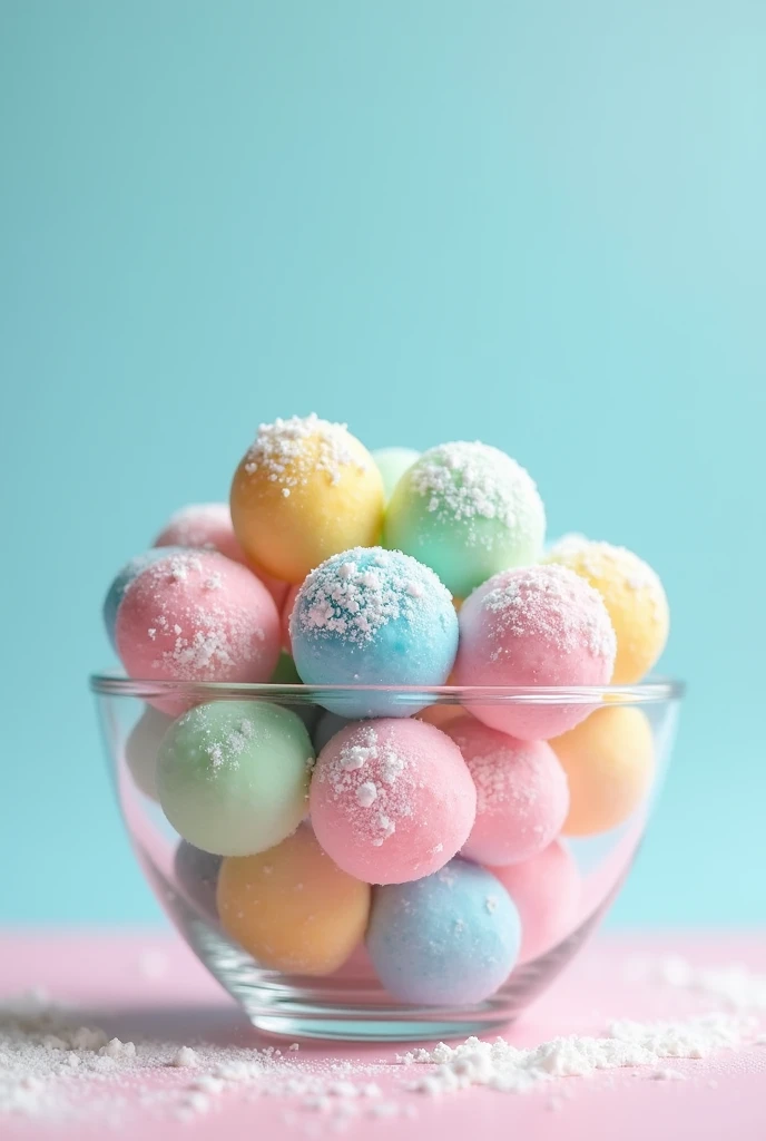 many milk balls with color blue, pink, green, yellow in glasses bowl, HD, transparent background, with many white milk powder on the milk balls , just one glass bowl, and the milk balls its made of flour