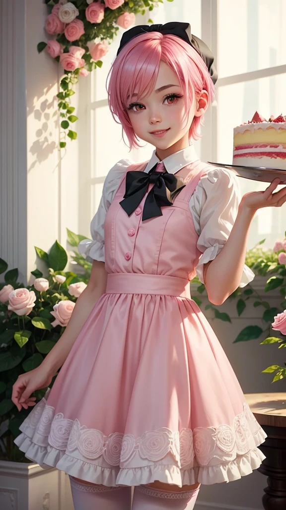 1 young boy,pink hair,short hair,Swipe left,Tie a big black bow on your head.,red eyes,bright atmosphere,lucrative,smile,cute,cake,White Rose Garden,pink dress,Pink pants,stockings above the knee