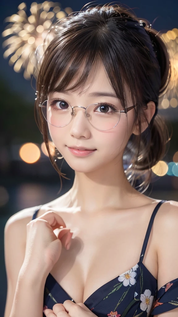 (Highest quality,8K quality,masterpiece:1.3),(Ultra-high resolution,Photorealistic:1.4,RAW Photos),(Very delicate,Caustics,Detailed Background),(Ultra-Realistic Capture,Fine and beautiful skin,Perfect Anatomy), At night,Night Sky,Riverbank,Outdoor,1,cute,single eyelid,Dark brown ponytail,yukata,Glasses on the head,firework,Looking at the camera,Natural soft light