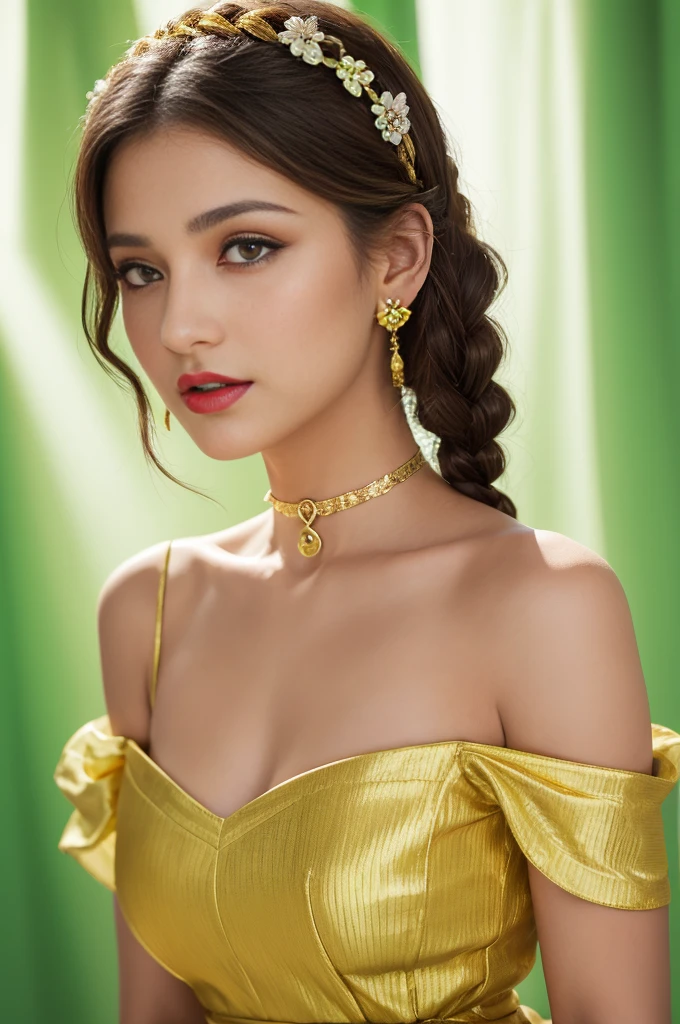 In a 9:16 aspect ratio, a stunning brunette Latina model with short braided hair stands out against a bright yellow backdrop. Dressed in a beautiful white medieval gown with green belt and flower details on the neck, she poses alluringly with piercing brown honey eyes sparkling with happiness. The cinematic lighting mimics an aperture of f/1.4, highlighting her puffy skin texture, highly detailed eyes and face, painted red lips, and subtle eyeliner. She wears a gold bracelet, green choker, earrings, and exudes confidence amidst the soft, warm studio light.