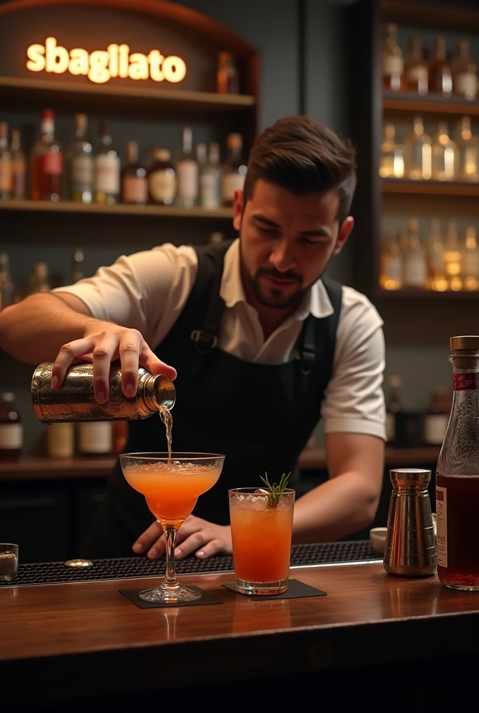 A bartender serving a drink and accidentally serves another one on a bar with the word sbagliato in the background
