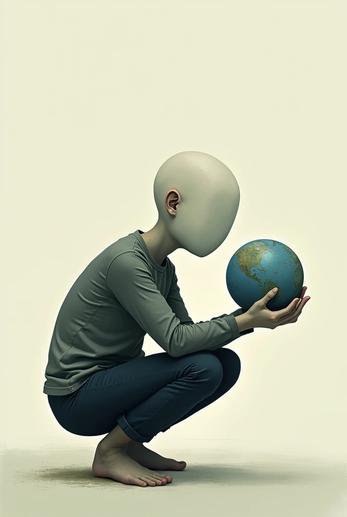 A middle school student with NO FACE , NO MOUTH, NO NOSE holding earth facing to the right whilst crouching