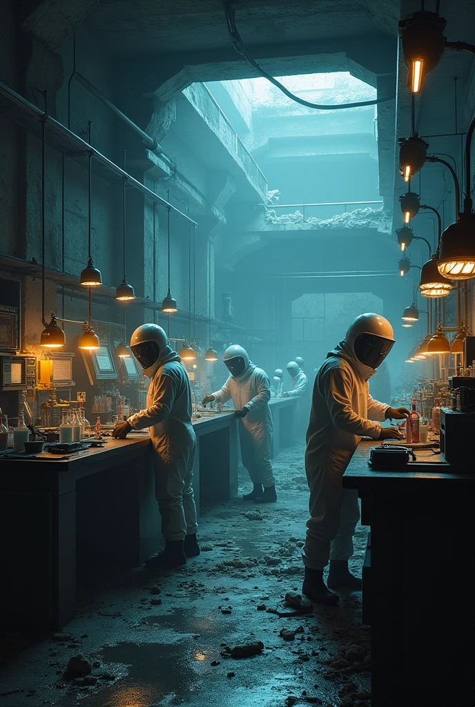 science fiction lab, apocalyptic powder, crooked top angle, too much metal, full of metal, full of dirt, bad lighting, scientists with cold clothes working, ultrarealistic style, horror, scary, dark  

