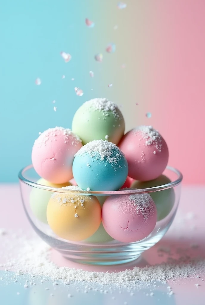 many milk balls with color blue, pink, green, yellow in glasses bowl, HD, transparent background, with many white milk powder on the milk balls , just one glass bowl, and the milk balls its made of flour
