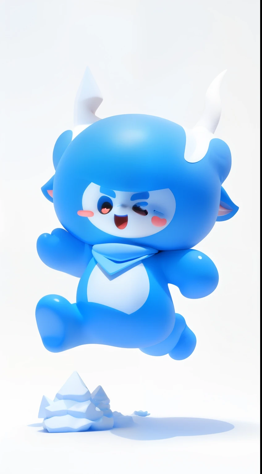 A cute blue cartoon mascot, blue and white color scheme, white face, two horns on the head, wearing a triangular scarf, smiling with open mouth, jumping in the air, simple background, white background, character design surreal, full body, red face, small eyes, 3D effect, clear outline light, edge light, spotlight, 8k