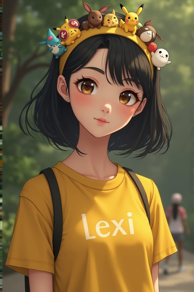 Make a realistic matured girl with pokemon headband and wearing yellow shirt with name Lexi