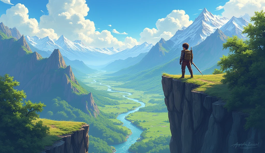 (anime, fantasy, adventurer), an adventurer arrived in the new land, standing on the edge of cliff