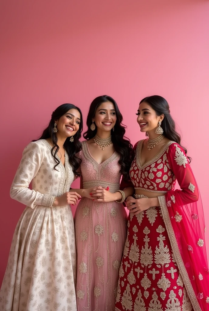 create 3 posters that i can post at the very beginning of an instagram page named” Bridal Rentals Exclusive” featuring premium rental outfits worn by indian muslim bride, hindu bride , christian bride . need in a pink background . the entire image should feel luxury. the brides are laughing