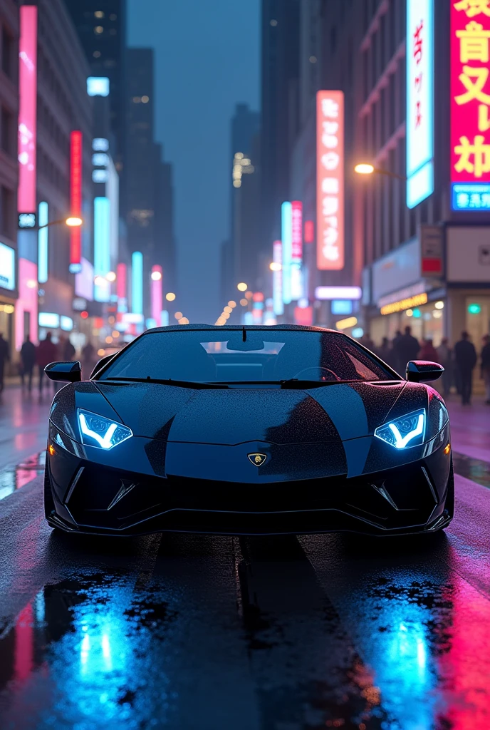 lamborgini avantador in black colour in neon blue colour head light in newyork city