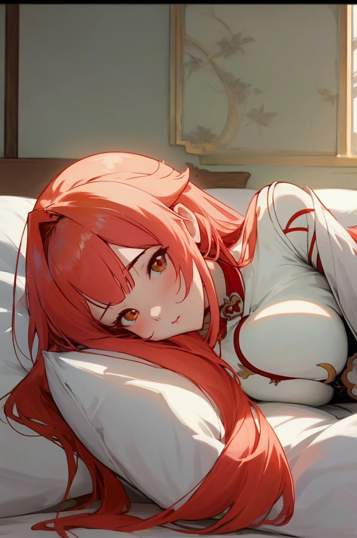 Anime character lying in bed wearing red and white clothes, Fascinating anime, Highly detailed art gems, Beautiful and attractive anime woman, Anime Goddess, tits, Trending on cgstation, Detailed anime artwork, 8K high quality, detailed art, Ayaka Genshin Impact, Beautiful and attractive anime teen, Renji Murata and Artgerm, Beautiful and detailed anime art