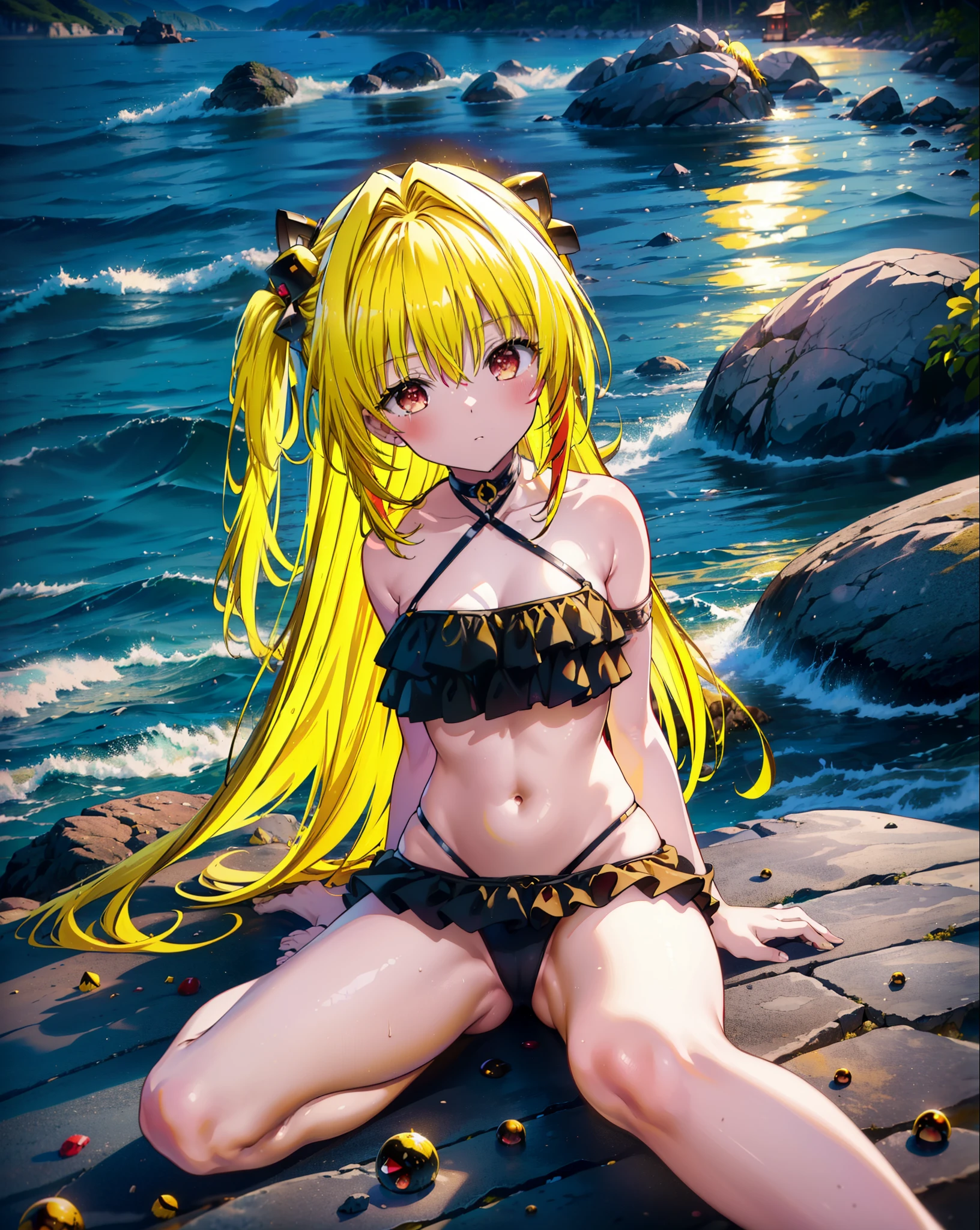 toloverumy, my, (Yellow Hair:1.5), Long Hair, (Red eyes:1.5), (hair ornaments:1.2), Both sides up, Black frilly bikini swimsuit,,barefoot,Sitting on a big rock,Rocky area,night,moonlight,meteor,whole bodyがイラストに入るように,
break outdoors, Beach,
break looking at viewer, whole body,
break (masterpiece:1.2), Highest quality, High resolution, unity 8k wallpaper, (figure:0.8), (Beautiful attention to detail:1.6), Highly detailed face, Perfect lighting, Highly detailed CG, (Perfect hands, Perfect Anatomy),
