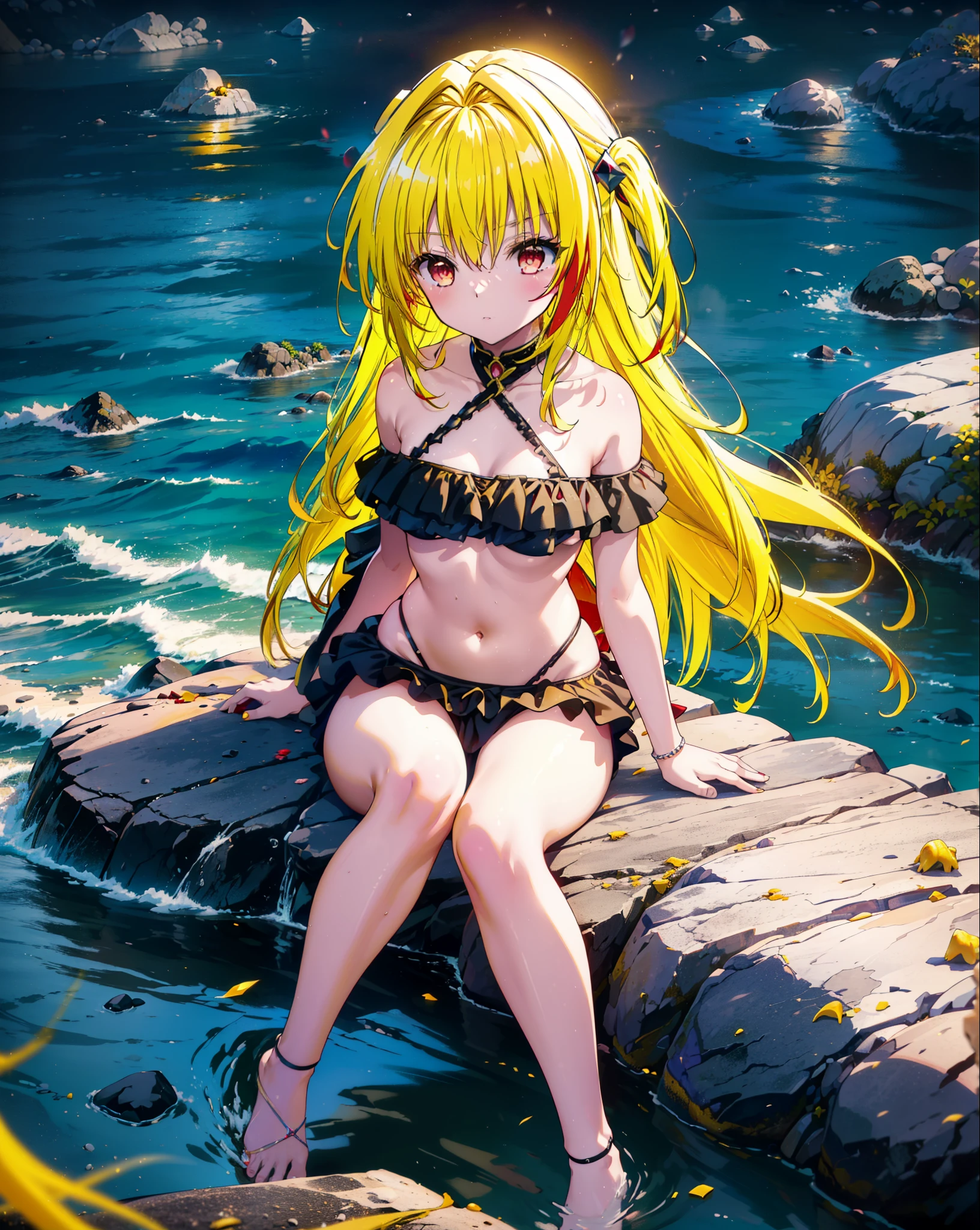 toloverumy, my, (Yellow Hair:1.5), Long Hair, (Red eyes:1.5), (hair ornaments:1.2), Both sides up, Black frilly bikini swimsuit,,barefoot,Sitting on a big rock,Rocky area,night,moonlight,meteor,whole bodyがイラストに入るように,
break outdoors, Beach,
break looking at viewer, whole body,
break (masterpiece:1.2), Highest quality, High resolution, unity 8k wallpaper, (figure:0.8), (Beautiful attention to detail:1.6), Highly detailed face, Perfect lighting, Highly detailed CG, (Perfect hands, Perfect Anatomy),