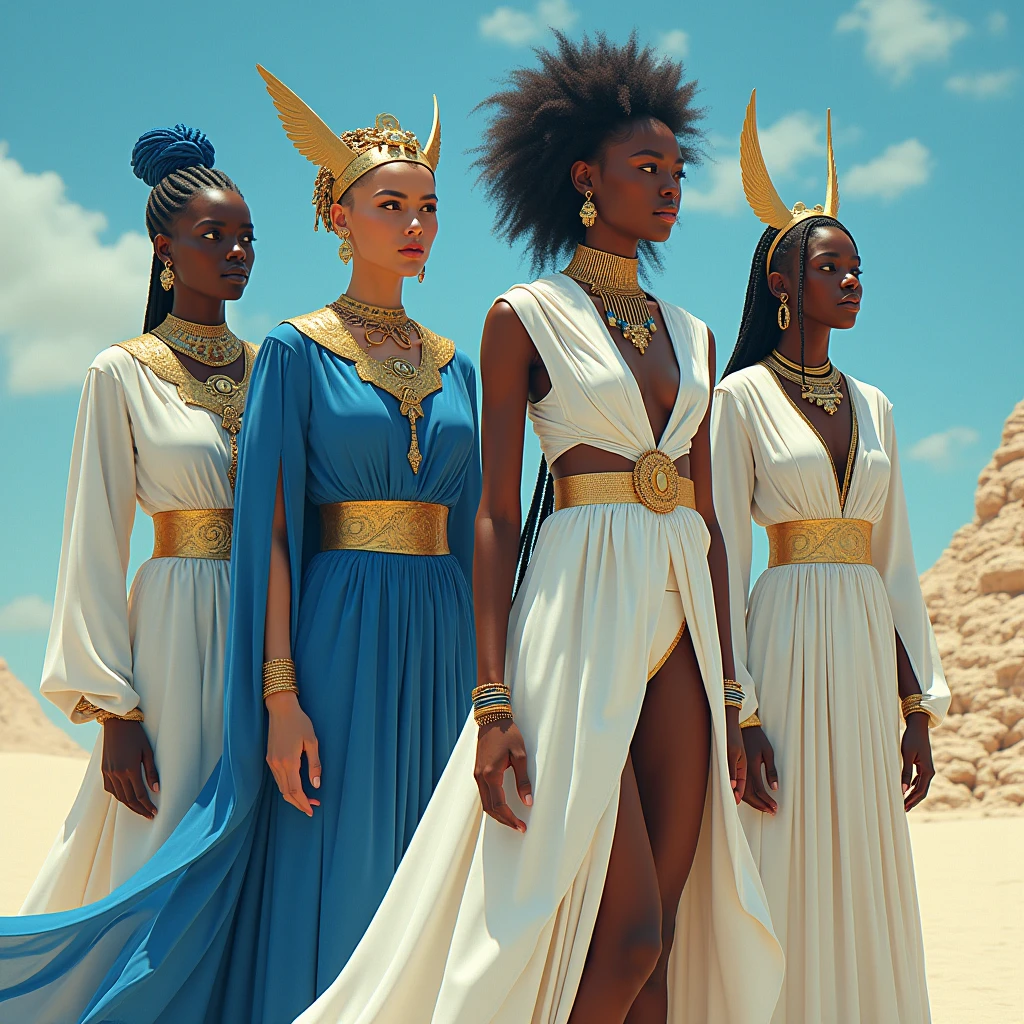 A futuristic and imaginative illustration of Egyptian fashion trends for summer 2024. The styles are heavily influenced by fantasy and Asante art, with models showcasing elegant, dark white and blue outfits adorned with gold and bronze accents. The setting is an ethereal, otherworldly landscape that evokes the essence of ancient Egyptian mythology. The image is presented in ultra-high definition, with a subtle Provia filter applied to enhance the colors and textures. The conceptual art style and poster-like presentation make this a captivating and unforgettable visual experience., illustration, poster, conceptual art