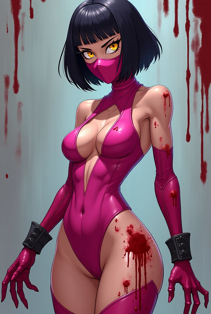 Mileena mortal kombat, pink bodysuit, in blood, Wearing a mask, very cartoonish style, anime style, yellow eyes, Cartoonish, Very revealing clothes, sexually, short hair