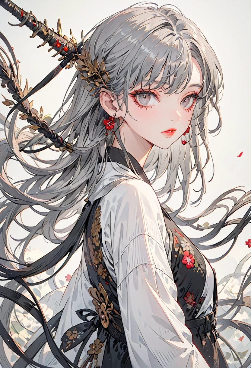 (Highest quality,Very detailed,High resolution:1.2),beautiful girl,Gray Hair,Gray Hairの前髪,Dilated grey eyes,very_Long eyelashes, Detailed lips, Cool look, Soft Skin, ,Exquisite makeup,