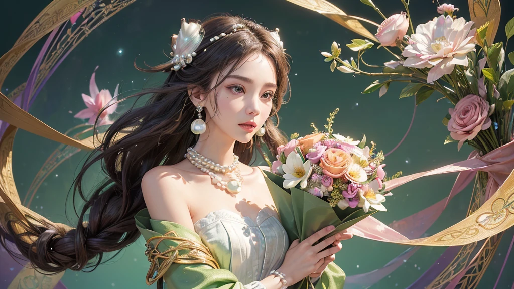 32K, 最高quality, 最高masterpiece, (ultra-Detailed Background, Detailed Background), High resolution, Super detailed, Very detailedな, 1 personの, (bouquet:1.3), (Tangled:1.2), (Geometric:1.2),(colorful),(masterpiece, quality, best quality, Official Art, Beautiful and beautiful:1.2), (1 person:1.3), Very detailed,(colorful:1.1)(Flowers:1.3),Most detailed,(Tangled:1.2), whole body, (Abstract background:1.3), (Skin glows), (Many colors:1.4), ,(Earrings Pearl:1.5), Light green background, It's imaginative., Brunette Hair, Updo, Holding a book, Holding a pen, Satin shirt