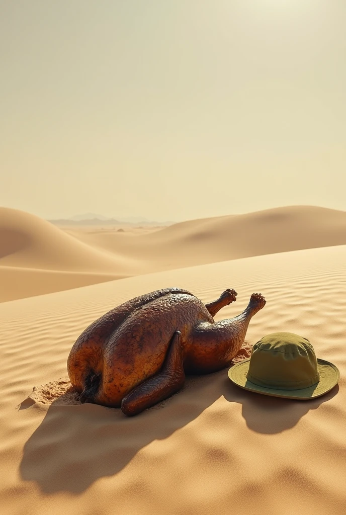A death Roast chicken, olive green safari bucket hat, lying on a dune without water for sunbathe
