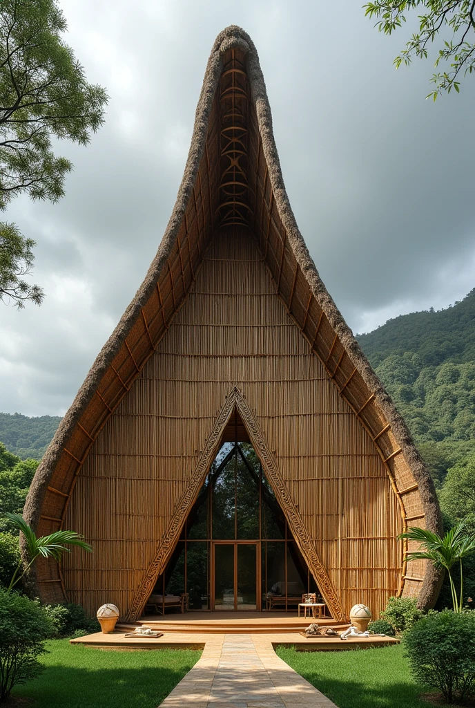 Biggest single pavilion thatched by cogon roof and philippine "amakan" with increased curved bamboo structure with Front and side view