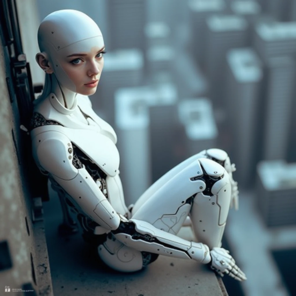 A white female cyberpunk android sits on the edge of a skyscraper. Highly detailed photograph, 50mm f/1.4, 15mm, 35mm, 4k, high resolution, 4k, 8k, hd, full colour, 4k, 8k, 4k, high definition