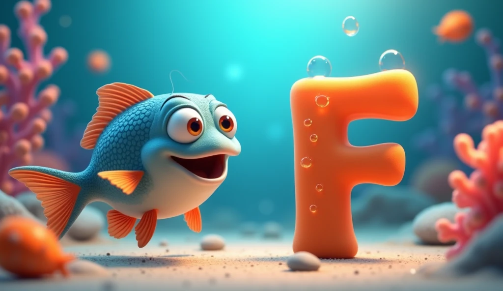 Create an animated image for alphabet F and an talking fish with animation 3D