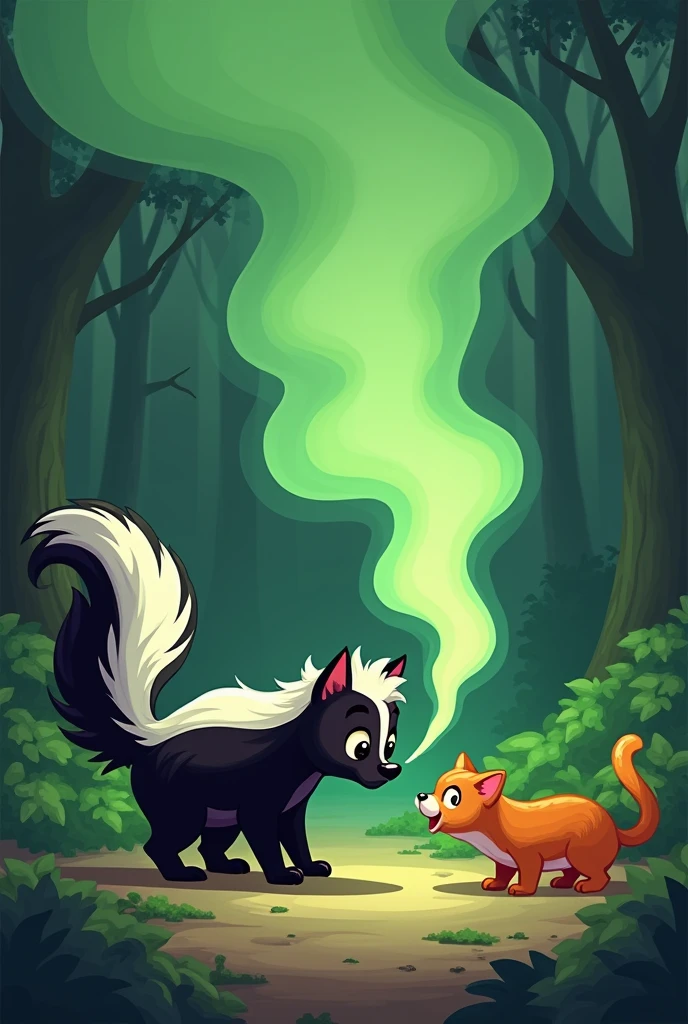 A skunk with its tail spraying a cat with a stinky green smoke