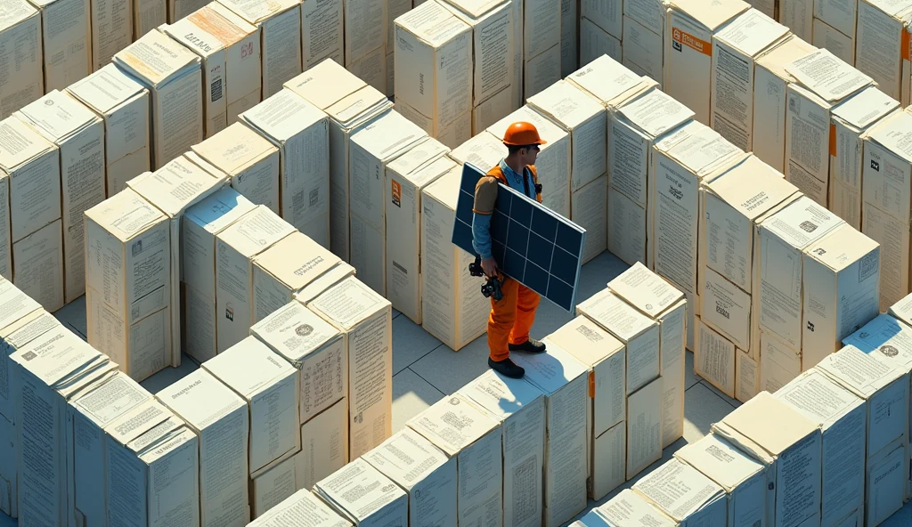 (Isometric), Un labyrinthe avec des murs très hauts, faits de formulaires CONSUEL et de documents ENEDIS. L'installateur, portant un panneau solaire qui dépasse de son dos, essaie de naviguer à travers ce labyrinthe