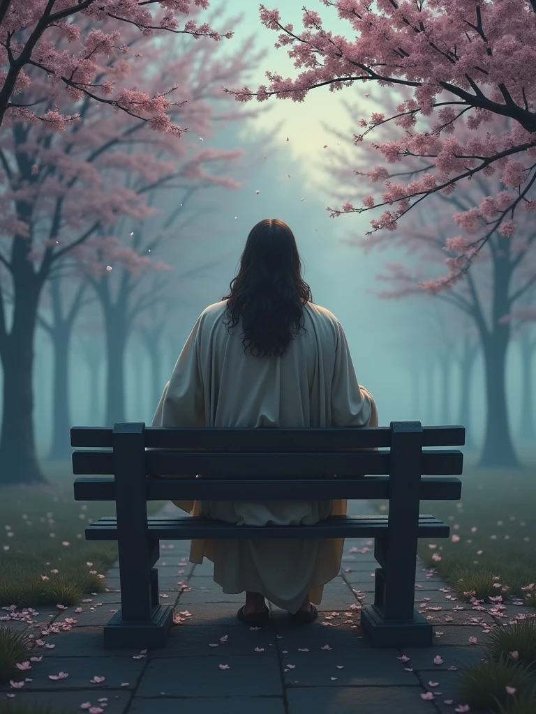 Create a realistic image of Jesus sitting on a park bench designed for two people. Jesus should be positioned with his back to the viewer, at a 60-degree angle, with detailed focus on his robes and hair. The scene should evoke a sense of suspense, featuring a landscape with cherry blossom trees and cherry blossom petals falling from the sky amidst the twilight. The overall atmosphere should be mysterious and intriguing, with dim, diffuse lighting and a subtle mist to enhance the sense of suspense."