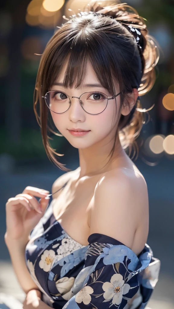 (Highest quality,8K quality,masterpiece:1.3),(Ultra-high resolution,Photorealistic:1.4,RAW Photos),(Very delicate,Caustics,Detailed Background),(Ultra-Realistic Capture,Fine and beautiful skin,Perfect Anatomy), At night,Night Sky,Riverbank,Outdoor,1,cute,single eyelid,Dark brown ponytail,yukata,Glasses on the head,firework,Looking at the camera,Natural soft light