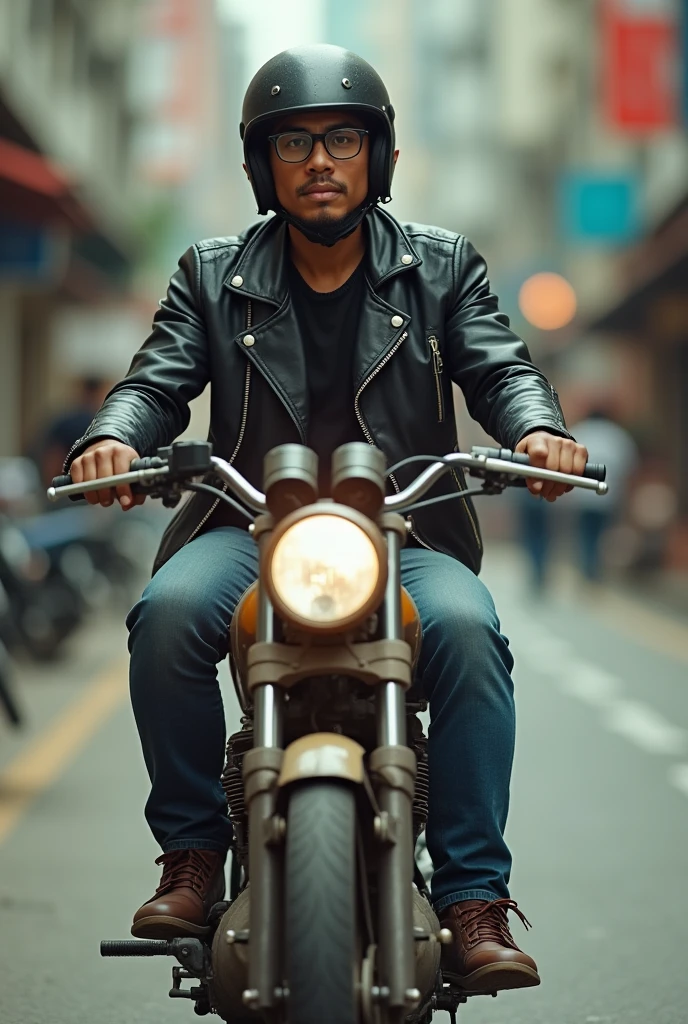 Full body, wide shot, street photography, retro portrait of an Malay man 29 year glasses with half-length hair riding an old motorbike, they are wearing black leather jackets and helmets, wearing shoes, Ade Santora style, riding a motorbike,