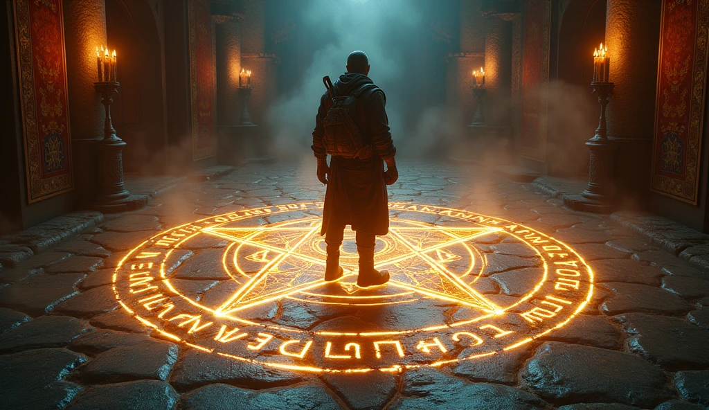 (anime, fantasy, adventurer), a summoning circle, pentagram, glowing rune, medieval cult